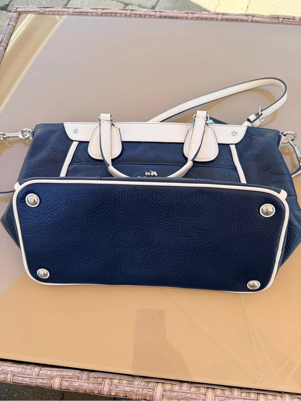 COACH mickie spectator Navy and White Leather Satchel with Removable Strap